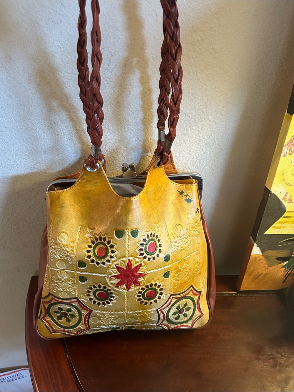 Handcrafted Yellow Floral Embossed Leather Tote